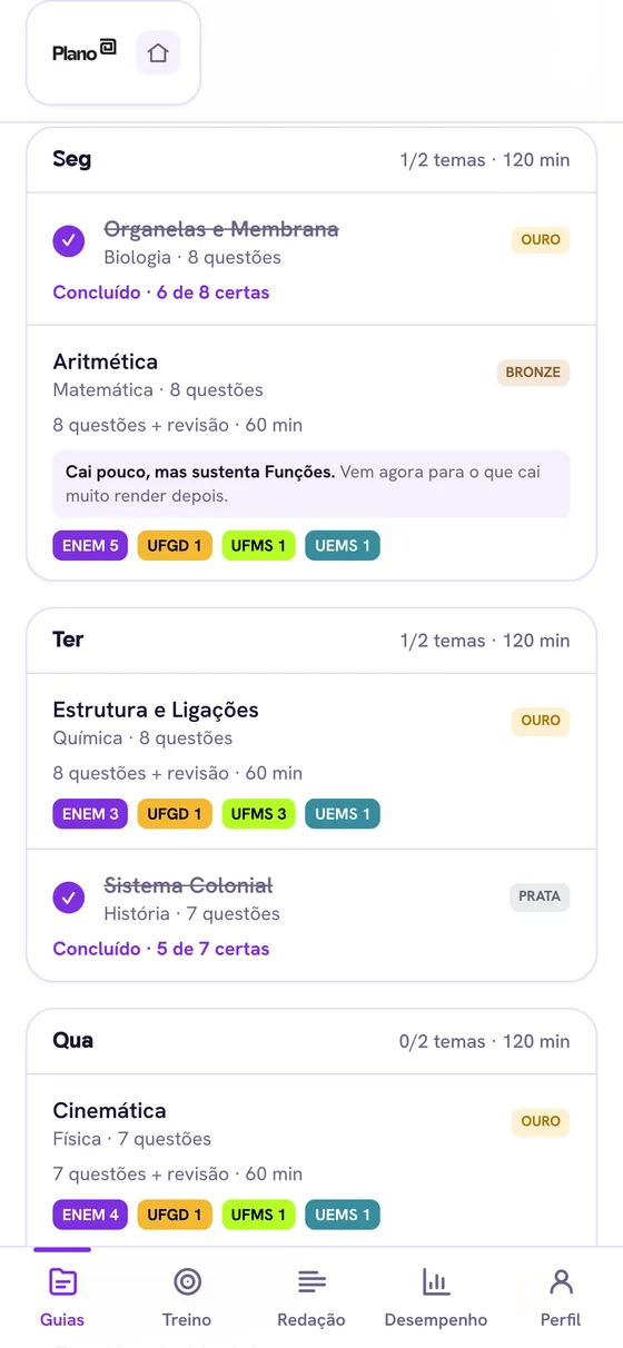 Tela do guia da semana