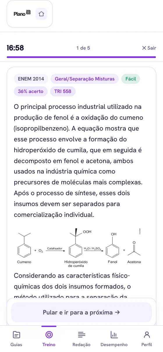 Tela de treino com questão do ENEM