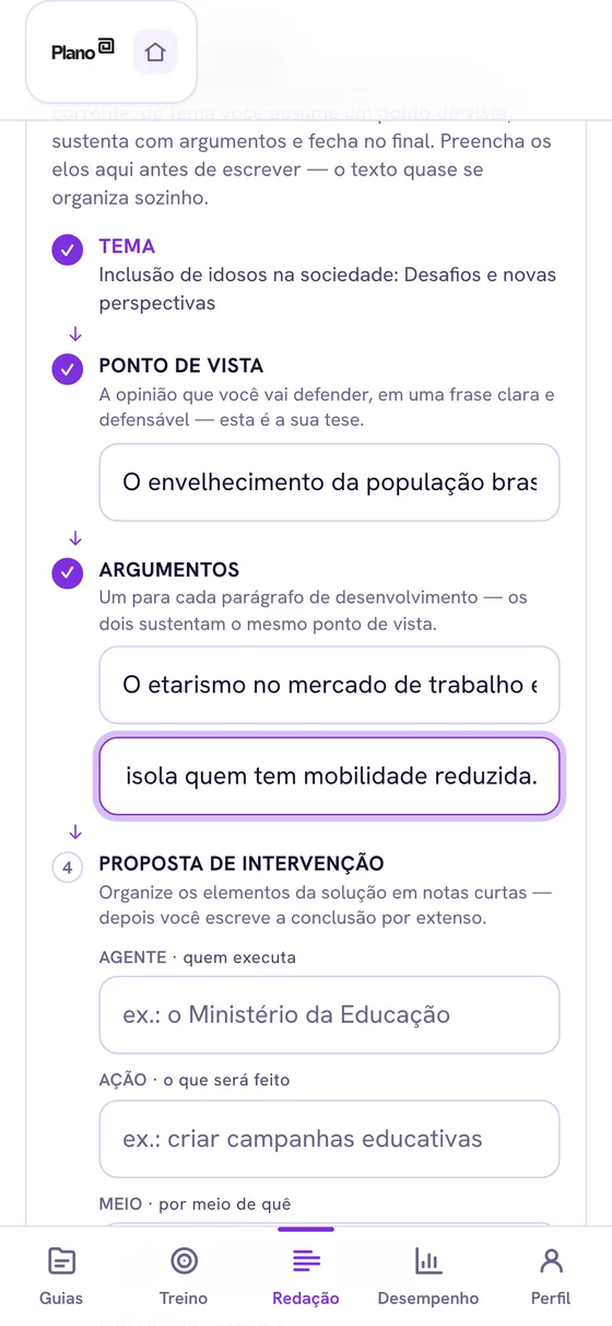 Tela do roteiro guiado de redação