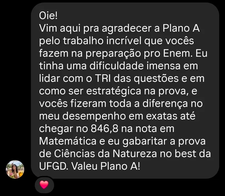Print de depoimento de aluna da turma atual, com 846,8 em Matemática no ENEM