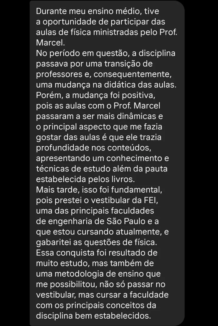 Print de depoimento de aluno aprovado em Engenharia na FEI