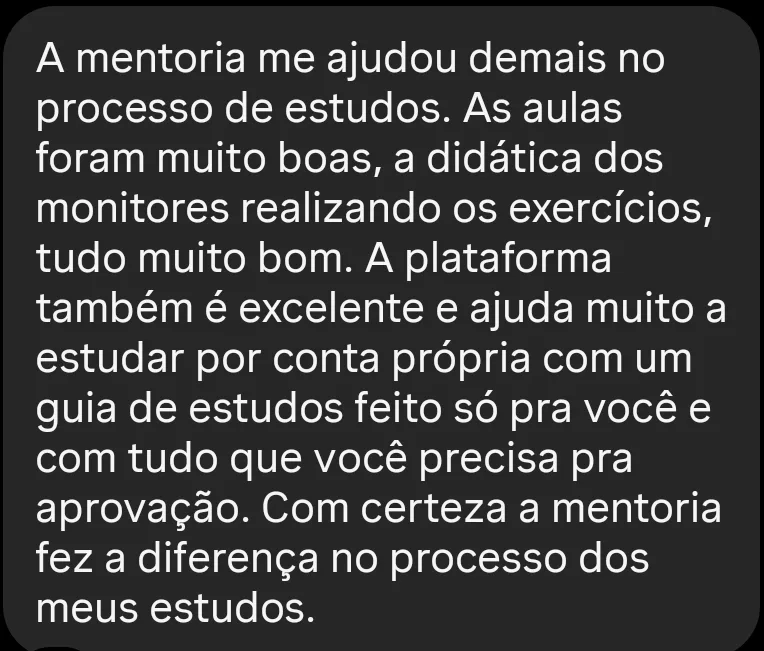 Print de depoimento de aluno da turma atual sobre o guia de estudos da plataforma